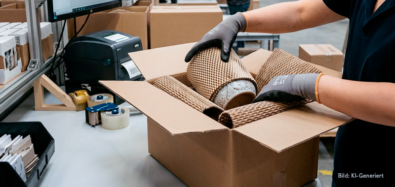 Vase wird in Karton mit polsternder Innenverpackung aus Papier verpackt